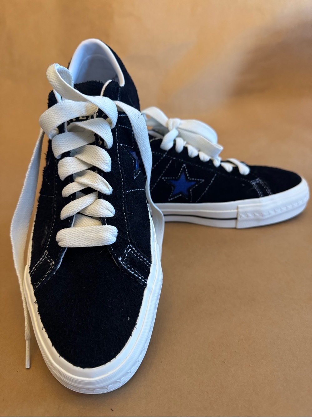 Converse Black Suede Sneakers with White Laces and Blue Star